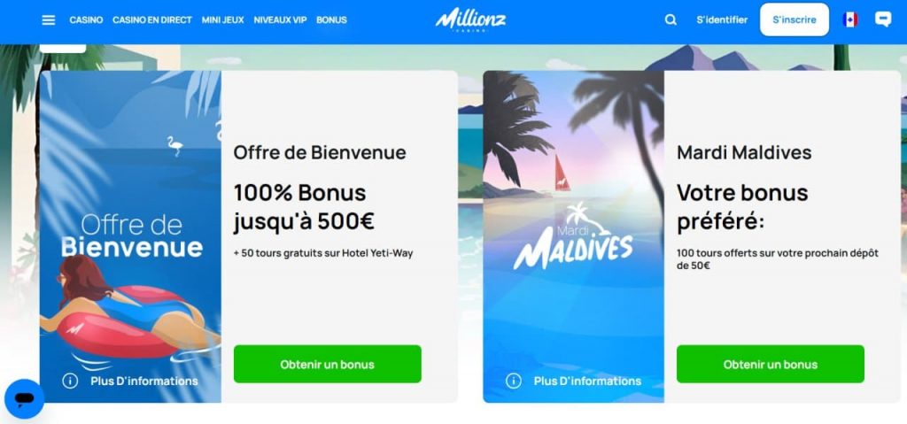 Offre de bienvenue Millionz Casino affichée sur le site