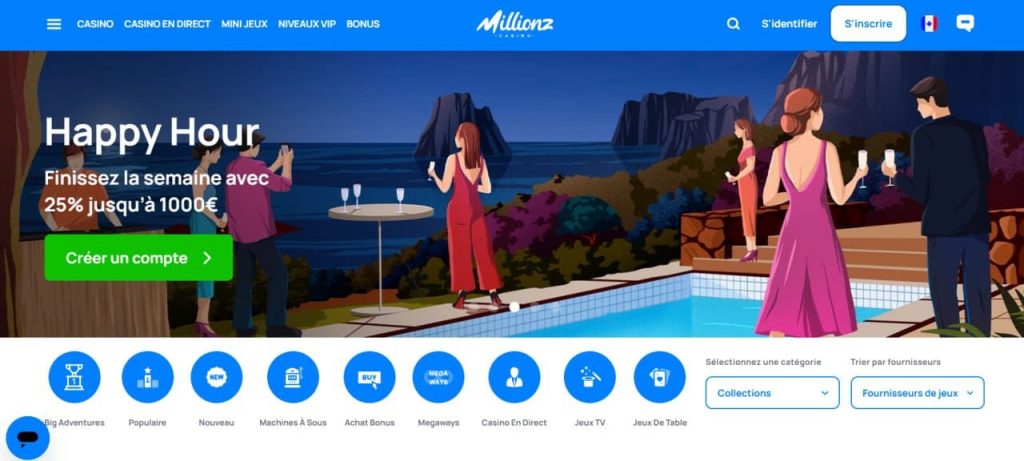 Interface du site Millionz Casino avec jeux populaires