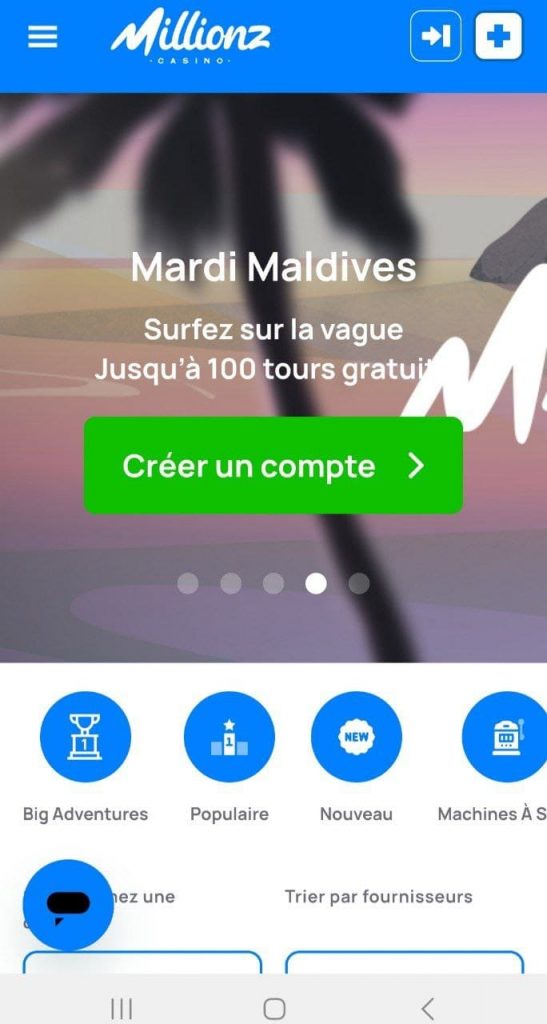 Interface mobile de Millionz Casino sur iPhone avec liste de jeux