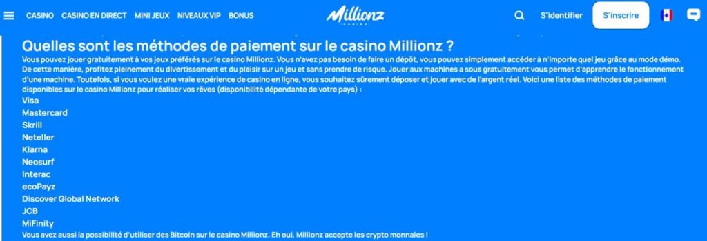 Retrait via Skrill sur Millionz Casino